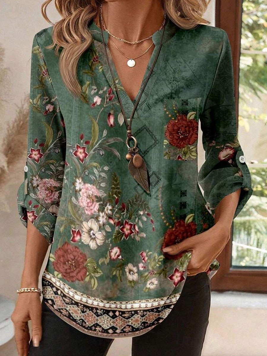 Damen Bluse Druck Blumen Grafik Vintage Tropisch Hawaiianisch Langarm V Ausschnitt Normale Oberteile Täglich Ferien Strandbekleidung Blau Grün Frühling Herbst Winter 2026 - $32.99 –P1