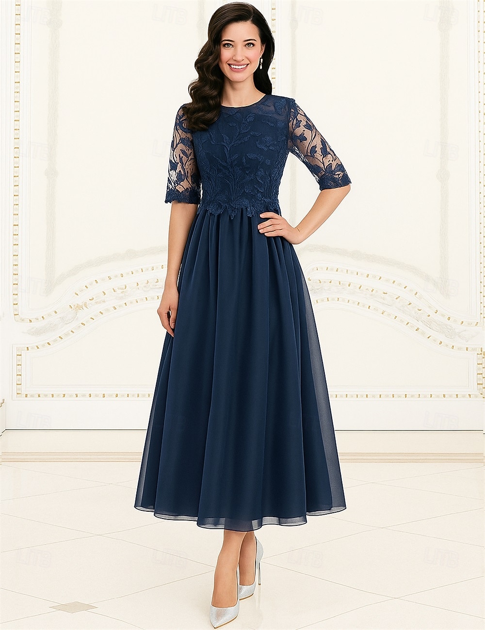 Γραμμή Α Φόρεμα Μητέρας της Νύφης Επίσημο Κομψό Στρογγυλή Ψηλή Λαιμόκοψη Κάτω από το γόνατο Πολυεστέρας Κοντομάνικο με Διακοσμητικά Επιράμματα 2025 - $79.99 –P4