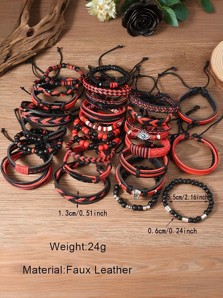 Men's Faux Leather Bracelet Set, Red and Black Woven Bracelets with Evil Eye and Bead Details, Stylish for Christmas, Multiple Patterns 2026 - $7.99 –P6