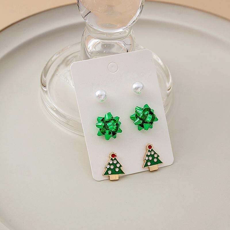 Conjunto de pendientes navideños: colección de joyas navideñas con lazos rojos y verdes, Papá Noel, árbol de Navidad y perlas. 2026 - $11.99 –P1
