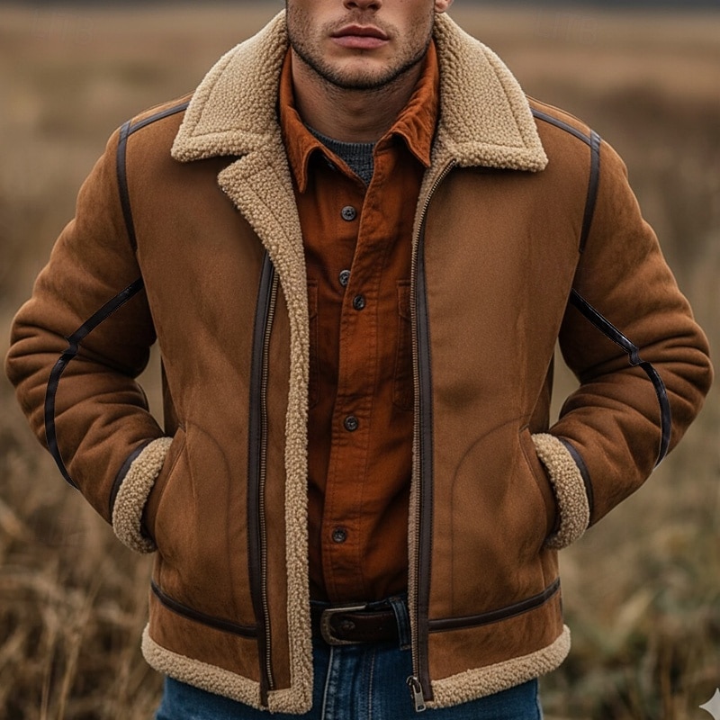 Men's Faux Suede Jacket Fleece Jacket Sherpa Jacket Brown Suede Jacket Casual Casual Daily Windbreaker Patchwork Pocket Winter Solid Color Vintage Fashion Shirt Collar Regular Black Brown Jacket 2026 - $66.99 –P1