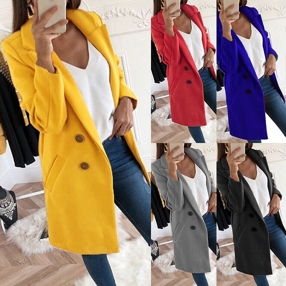 Dames Winterjas Comfortabel Ademend Zak Knop Casual Effen Vakantie Straat Casual Alledaagse kleding Enkele rij knopen Lang Strijkijzer Normale pasvorm Lange mouw bovenkleding Zwart Geel Rood Lente 2026 - $28.99 –P1