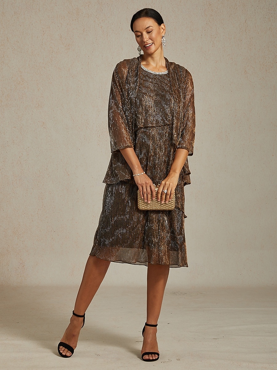 Dame Midikjole Skiftkjole Plissert kjole Grime kjole Elegant Fest Formelt Fest Bryllupsgjest Cocktailfest Normal Helfarge Ermeløs Crew-hals Brun Sommer Vår Høst Vinter 2025 - $141.99 –P14