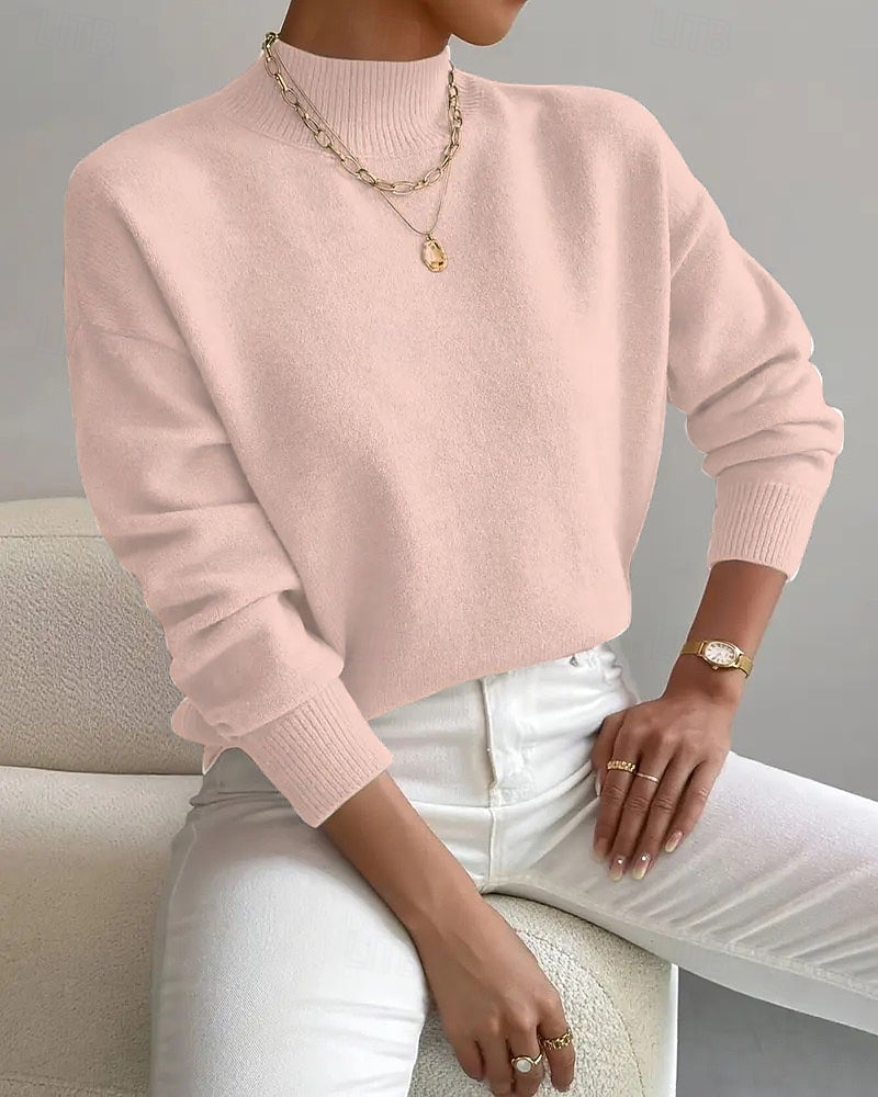 Women's Sweater Pullover Fashion Streetwear Casual Solid Color Mock Neck Knitted Long Sleeve Regular Tops Knit Daily Holiday Going out Yellow Pink Fall Winter 2026 - $33.99 –P8
