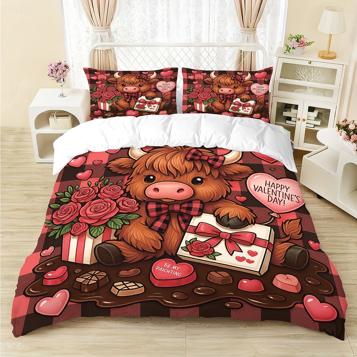 Conjunto de capa de edredom de 3 peças com estampa de vaca das terras altas e flores fofas para cama grande, capa de edredom curta e macia com 2 fronhas – roupa de cama para quarto de hotel, de 2025 por $33.99 –P5