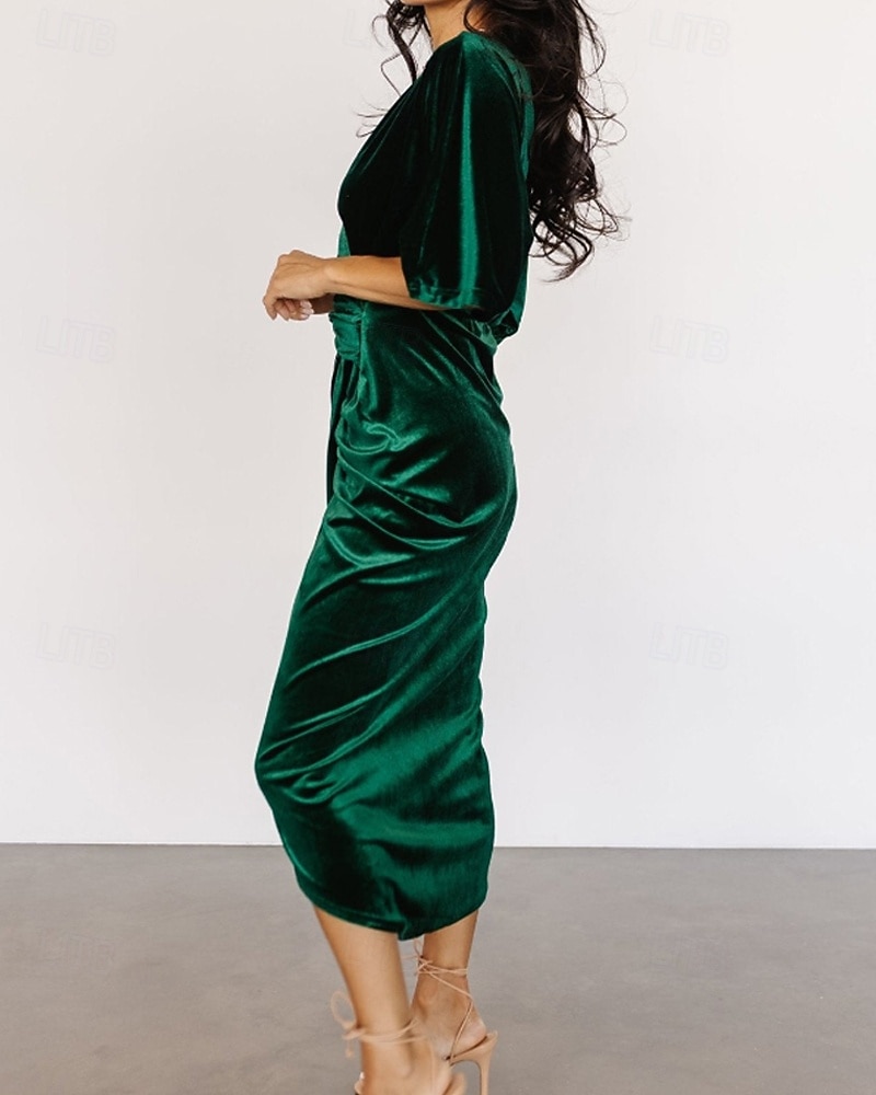Damen Midikleid Samtkleid Partykleid Cocktailkleid Mode Modern Party Abendgesellschaft Normale Passform Einfach Halbarm V Ausschnitt Schwarz Wein Dunkelgrün Kamel Herbst Winter 2025 - $31.49 –P6