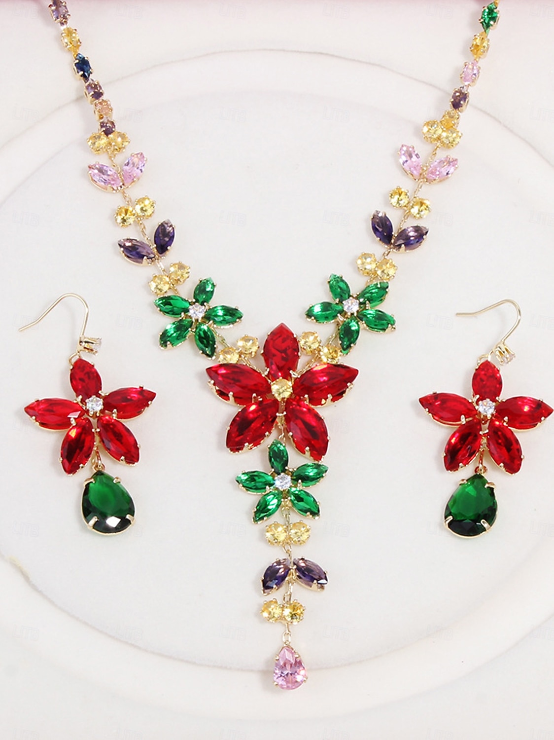 Dámský barevný křišťálový náhrdelník a náušnice, elegantní květinové šperky na vánoční večírek &koktejlové akce 2026 - $19.99 –P5