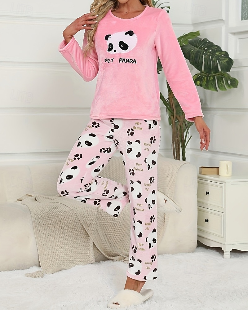 Women's Pajamas Loungewear Pajama Set Flannel Warm Fashion Panda Elastic Waist Pant Home Daily Long Sleeve Crew Neck White Pink Light Blue Fall Winter Loose Fit 2025 - $14.99 –P8