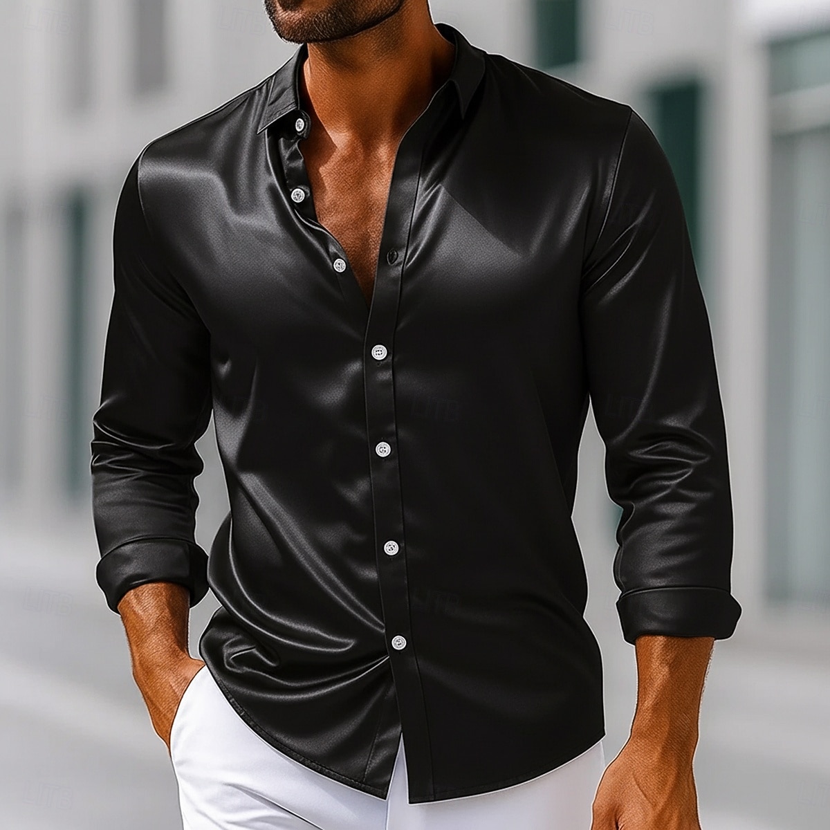 Homens Camisa Social Blusa de cetim Saia Camisa casual camisa de botão Camisa de formatura Tecido Formal Casamento Preto Branco Rosa Azul Royal Manga Longa Lapela Primavera Todas as Estações Roupa de 2025 por $23.99 –P4