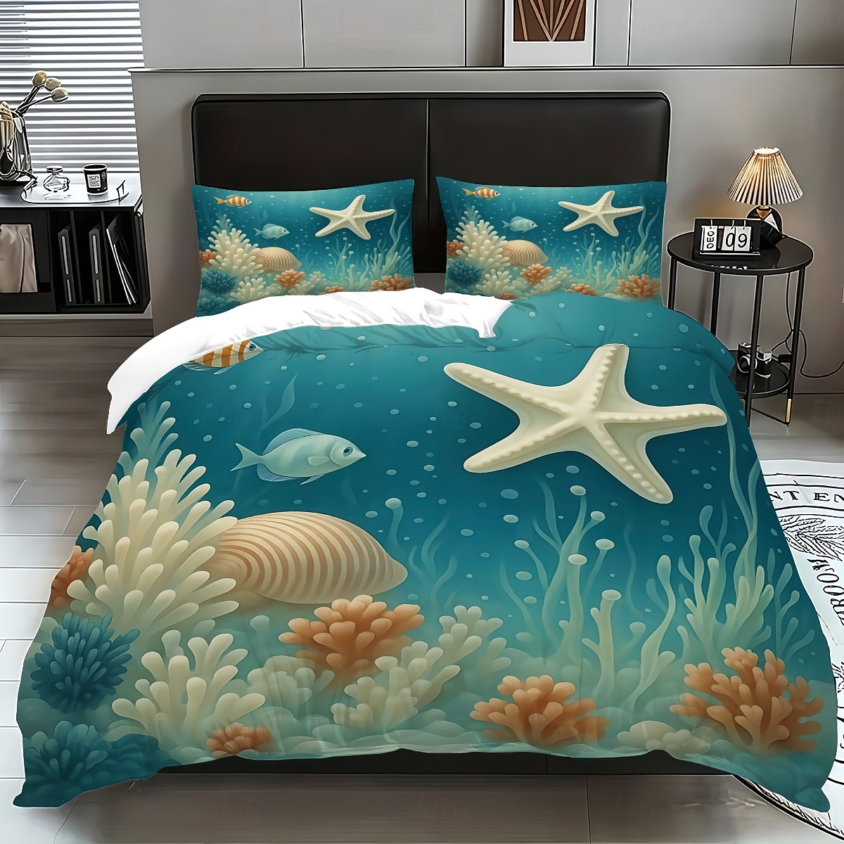 Unterwasserwelt Seestern &3-teiliges Daunenbettbezug-Set mit Oktopus-Motiv für Queensize-Betten, weicher Bettbezug mit 2 Kissenbezügen – Hotel &Gästezimmerbettwäsche, gemütlich & komfortabel 2026 - $37.99 –P1