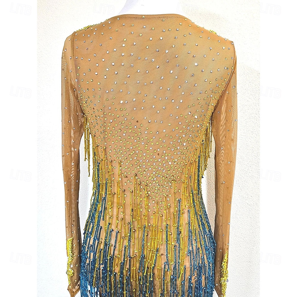Women’s Gold and Blue Latin Dance Dress with Crystal Rhinestones and Fringed Details for Salsa, Tango, and Dance Performance 2026 - $365.69 –P6