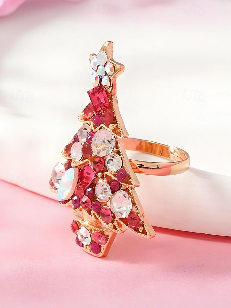Anello da donna a forma di albero di Natale: materiali in lega e zirconia, design festivo con pietre rosse, verdi e trasparenti, perfetto per feste di Natale e regali del 2026 a $7.99 –P6
