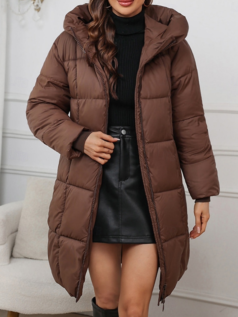 Women's Parka Comfortable Breathable Zipper Pocket Casual Plain Vacation Street Casual Daily Wear Zipper Long Hooded Regular Fit Long Sleeve Outerwear Black Red Khaki Spring Fall 2025 - $51.99 –P1