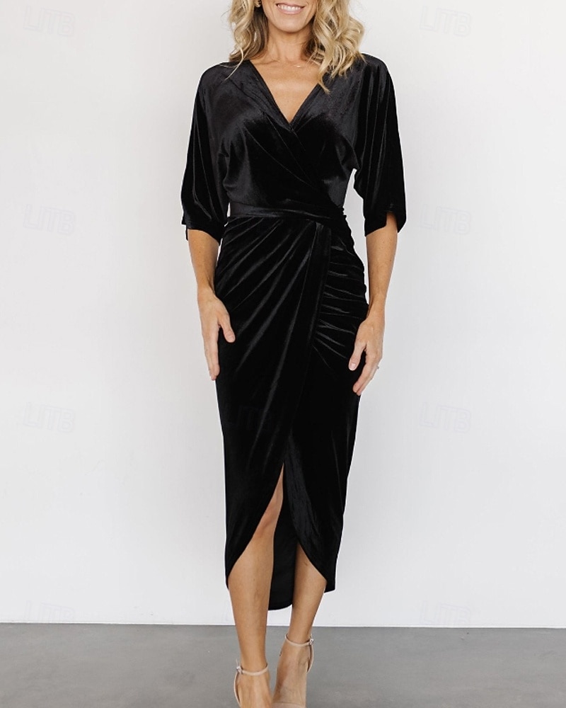 Damen Midikleid Samtkleid Partykleid Cocktailkleid Mode Modern Party Abendgesellschaft Normale Passform Einfach Halbarm V Ausschnitt Schwarz Wein Dunkelgrün Kamel Herbst Winter 2025 - $31.49 –P9