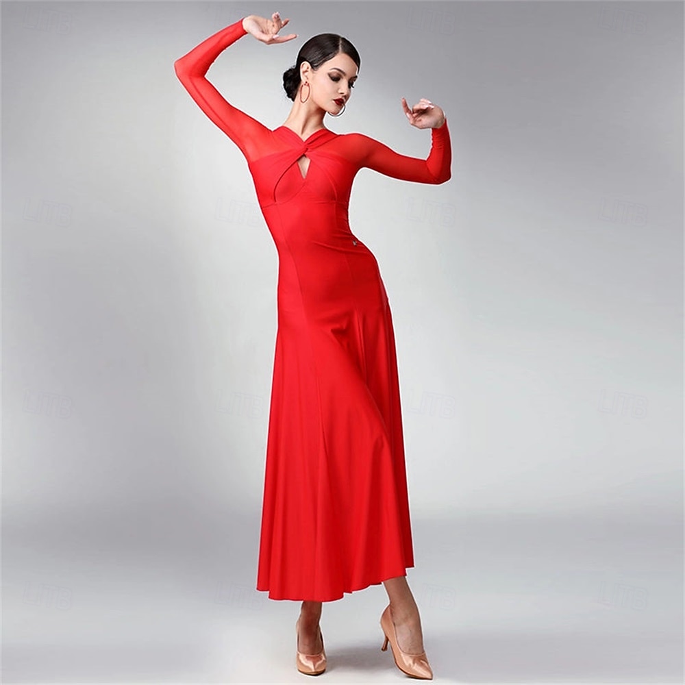 abito da ballo da sala da donna blu navy elegante a maniche lunghe in rete con scollo incrociato, abito da competizione per valzer, foxtrot e tango del 2026 a $337.89 –P8