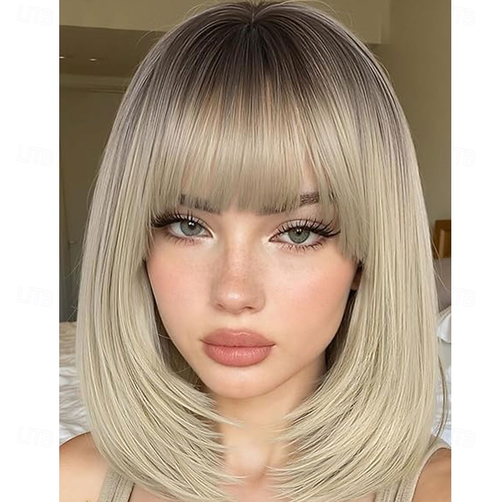 Highlight gelaagde pruiken met pony 14 inch kort gemengd bruin lijmloos kant-en-klare rechte synthetische bobpruiken voor vrouwen realistische hoofdhuid dagelijks cosplaygebruik 2026 - $21.99 –P13