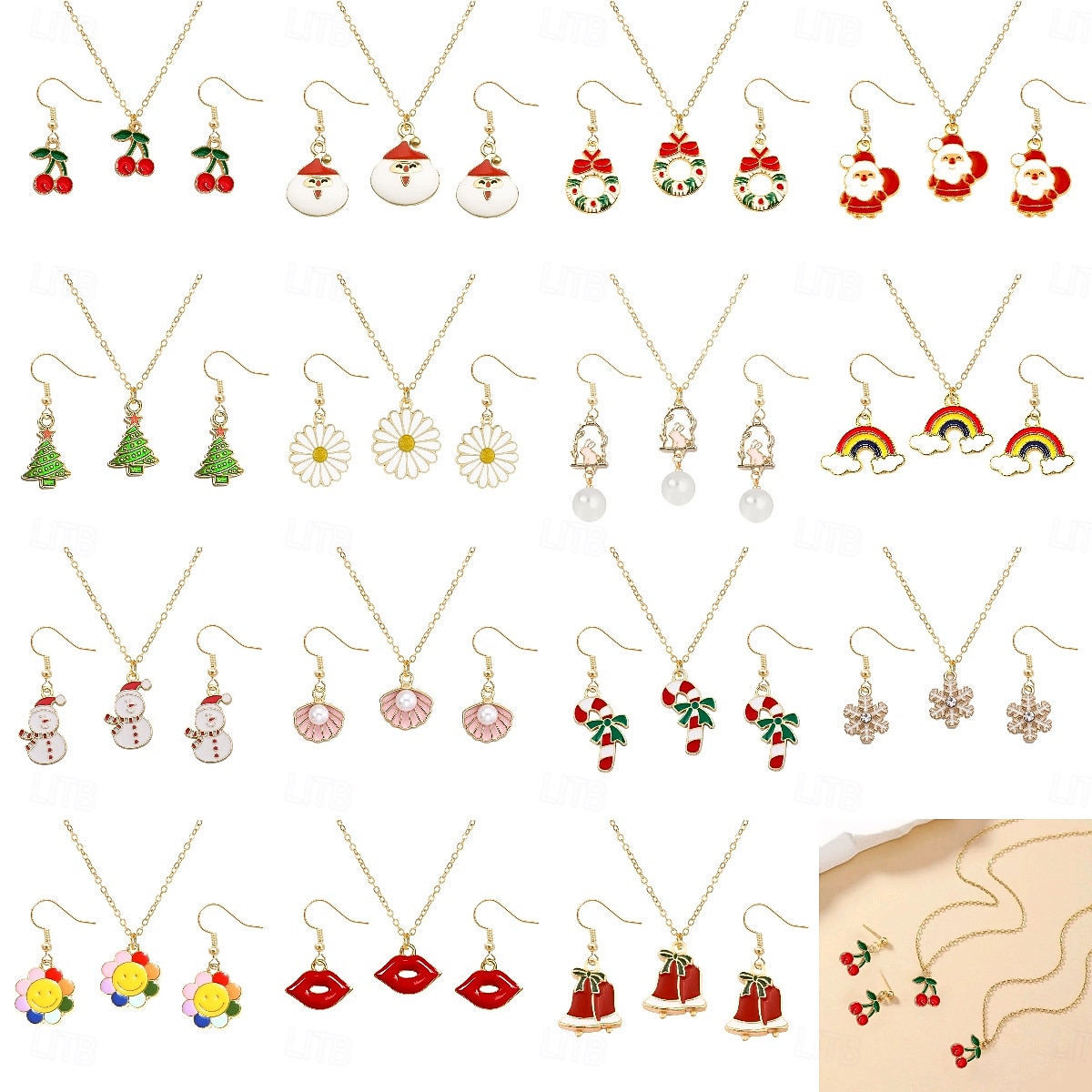 Ensemble De Bijoux De Noël Pour Femme Avec Collier Et Boucles D'oreilles - Cadeau De Noël - Jingle Bell Arbre Père Noël Chapeau Pendentif Collier à Breloques, Réglable, Métal, Pas De Gemme