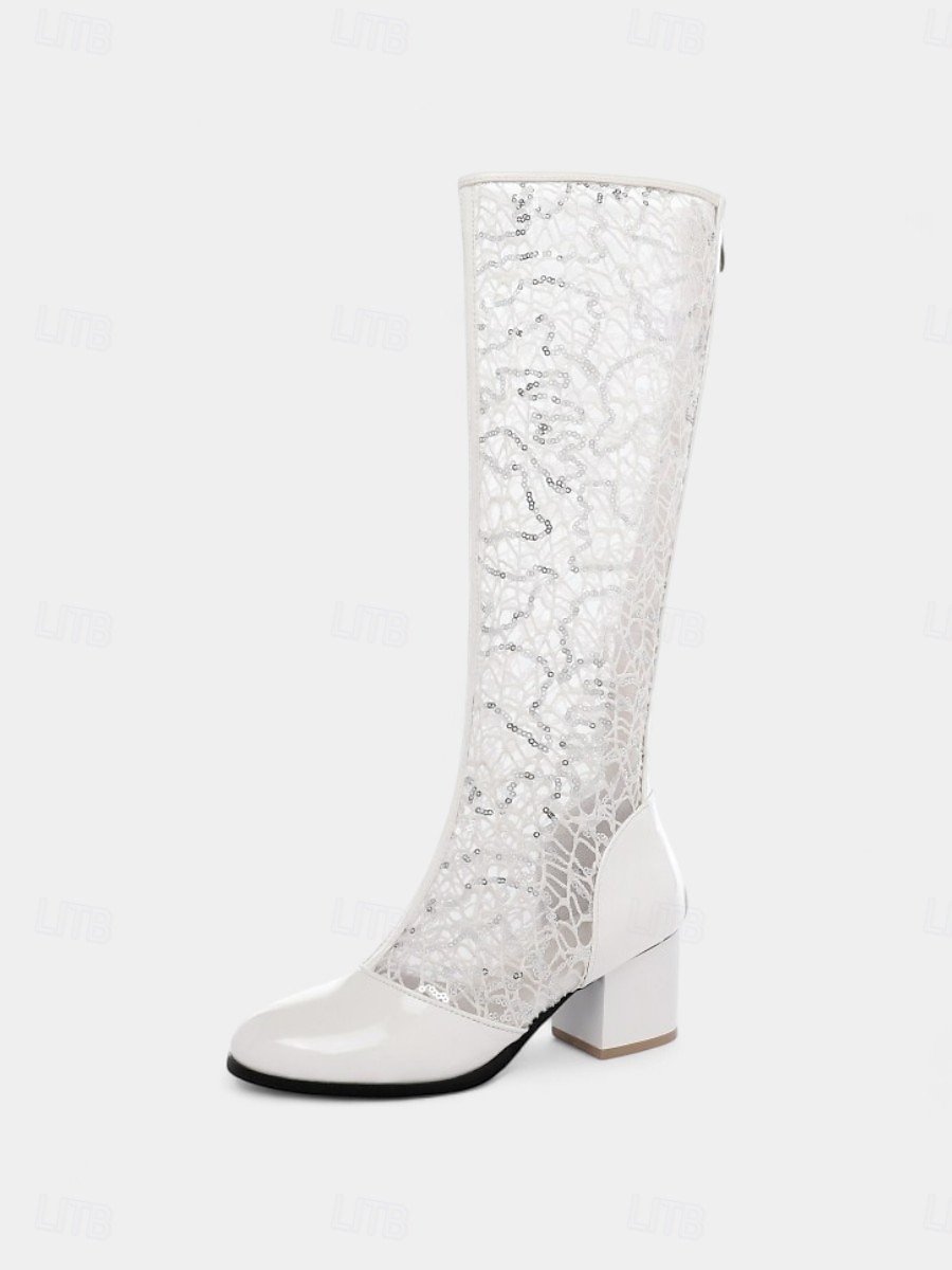 stivali da donna a metà polpaccio con pizzo blu e tacco a blocco - eleganti stivali vintage retrò in rete per matrimoni, feste &costumi cosplay del 2026 a $64.99 –P2