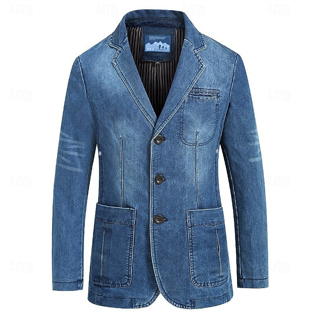 Men's Blazer Denim Jacket Jean Jacket Sport Jacket Sport Coat Going out Button Down Collar Casual Daily Jacket Outerwear Solid Color Light Blue Navy Blue / Cotton / Cotton 2025 - $60.99 –P1
