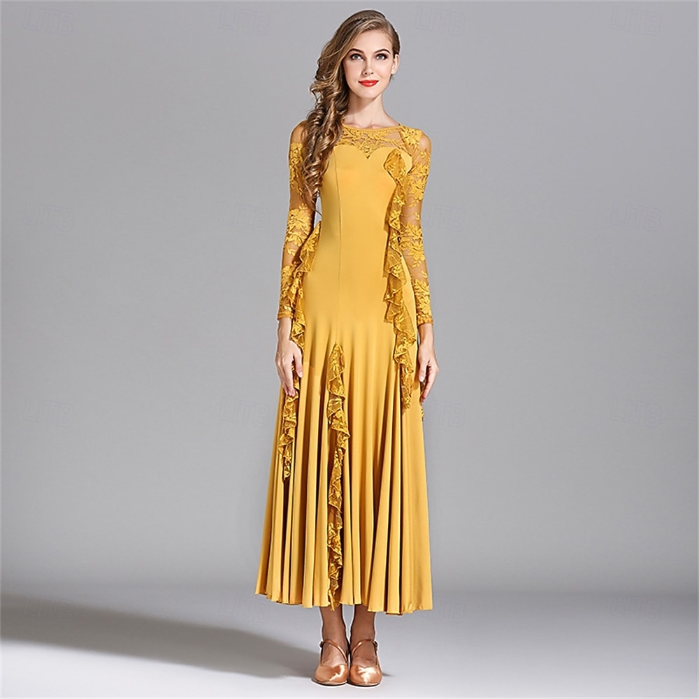 Abito da ballo da sala con dettagli in pizzo per donna - abito a trapezio a maniche lunghe con dettagli arricciati per competizioni, balli latini ed eventi di danza - azzurro del 2026 a $125.99 –P3