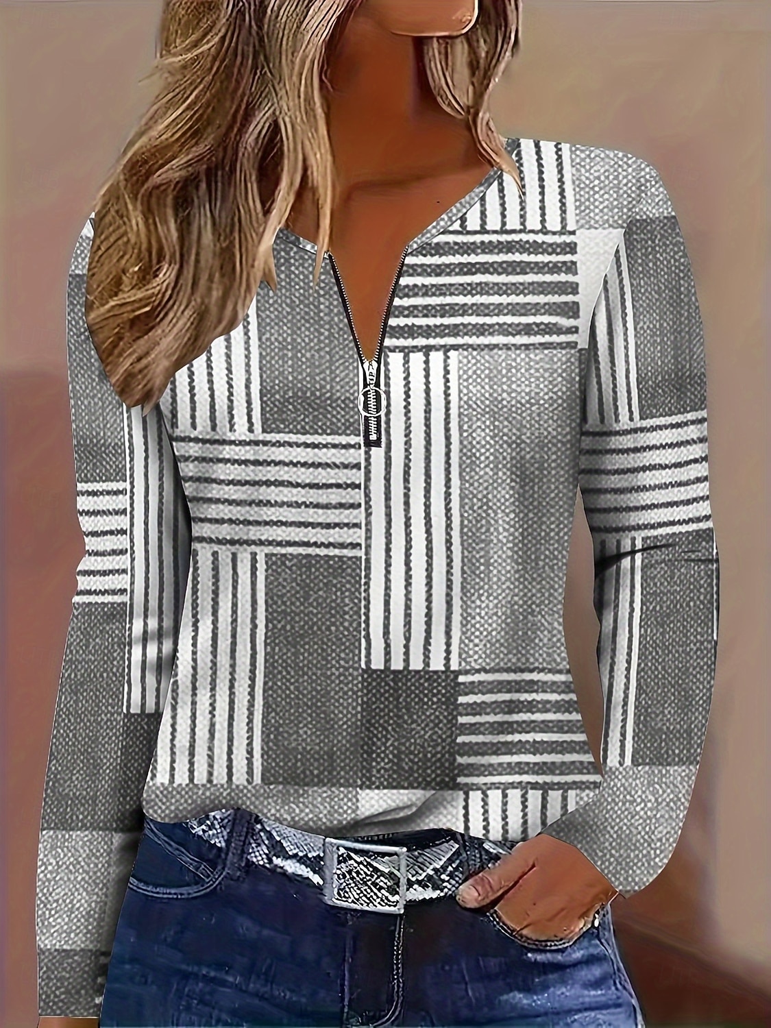 Γυναικεία Μπλουζάκι Φερμουάρ Στάμπα Γραφική Γεωμετρικό Βίντατζ Μοντέρνα Στυλάτο Μακρυμάνικο Στρογγυλή Ψηλή Λαιμόκοψη Κανονικά μπλουζάκια Καθημερινά Πράσινο του τριφυλλιού Γκρίζο 2026 - $25.99 –P1