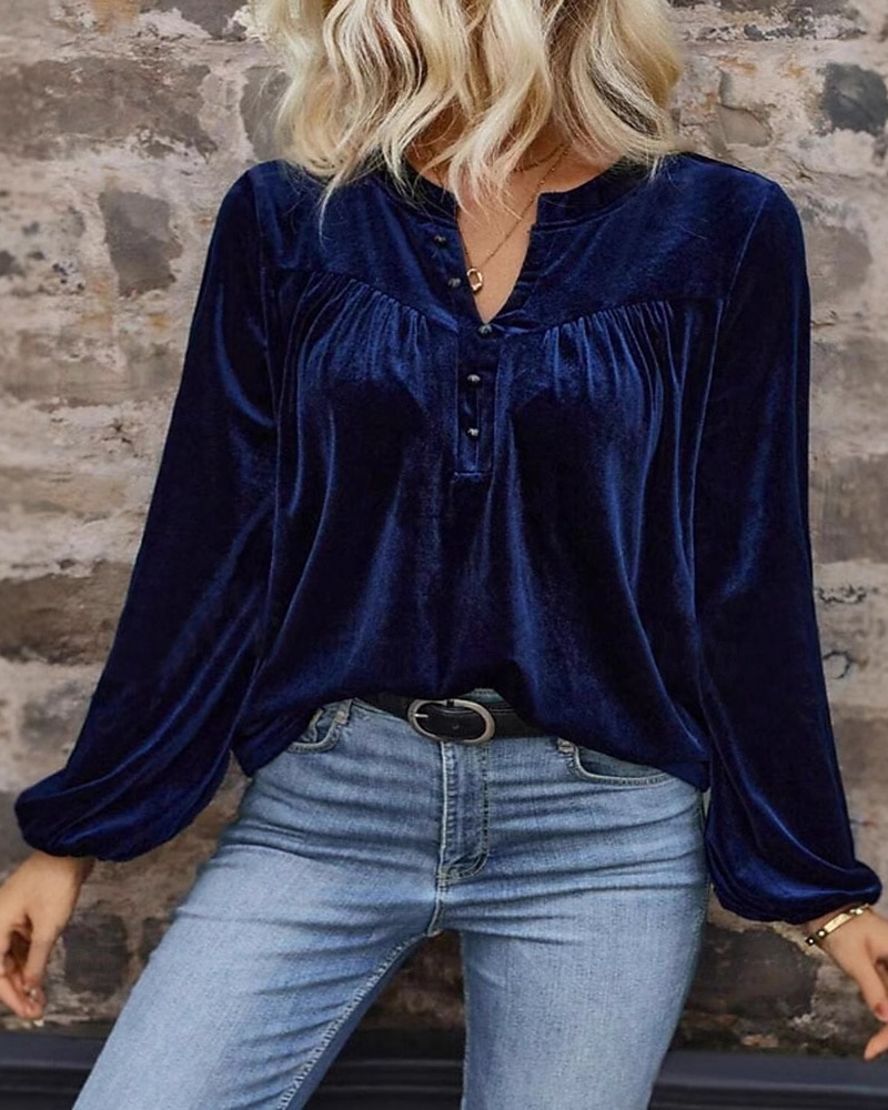 Dam Sammet Elegant Blus Knappar Ensfärgat Slät Elegant Stylish Ledigt Långärmad V-hals Vanliga toppar Dagligen Helgdag Utekväll Blå Brun Vår Höst 2026 - $32.99 –P1