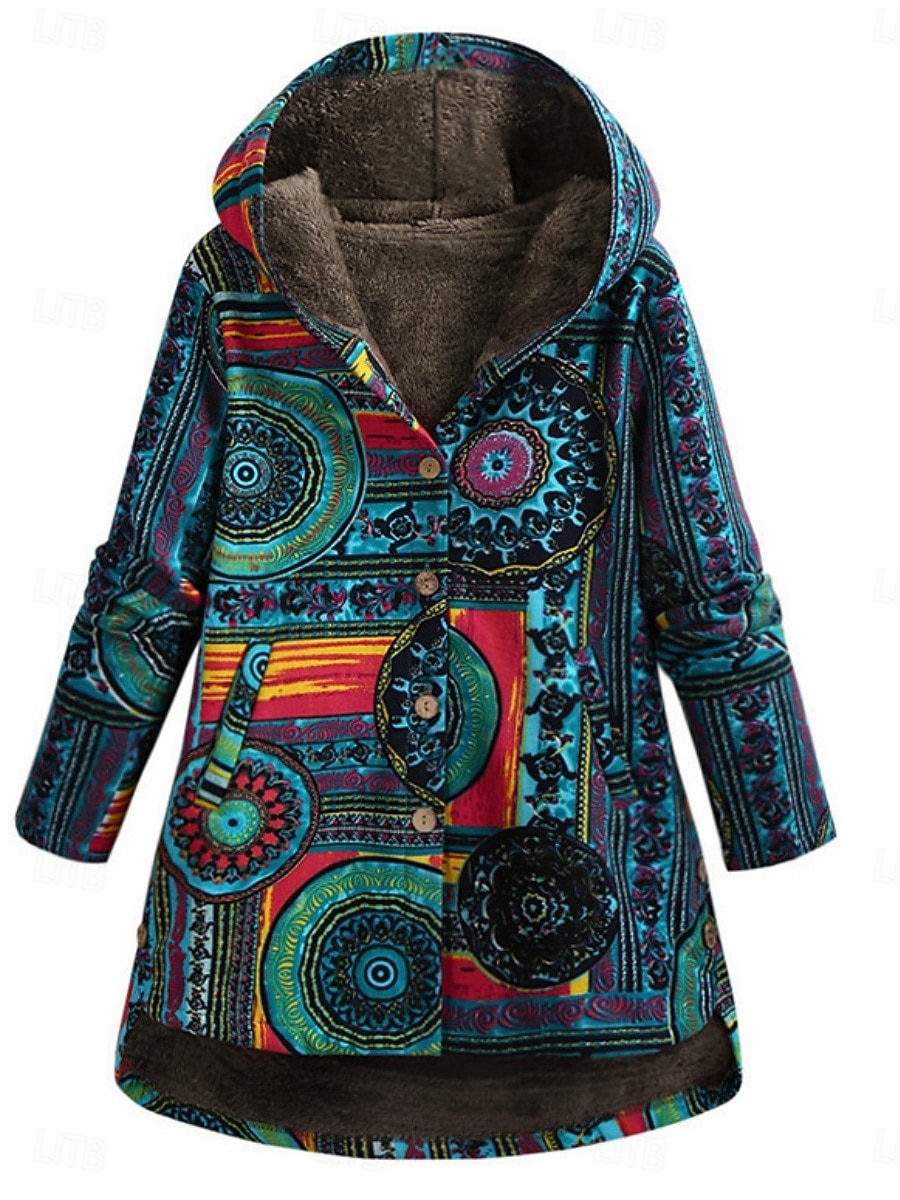 Pentru femei Jachetă din lână geacă Sherpa Comfortabil Respirabil Buzunar Imprimeu Epocă Casual Floral Vacanță Stradă Purtare Zilnică Ieșire Cu Un Nasture Regulat Capișon Fit regulat Manșon Lung 2026 - $45.99 –P8