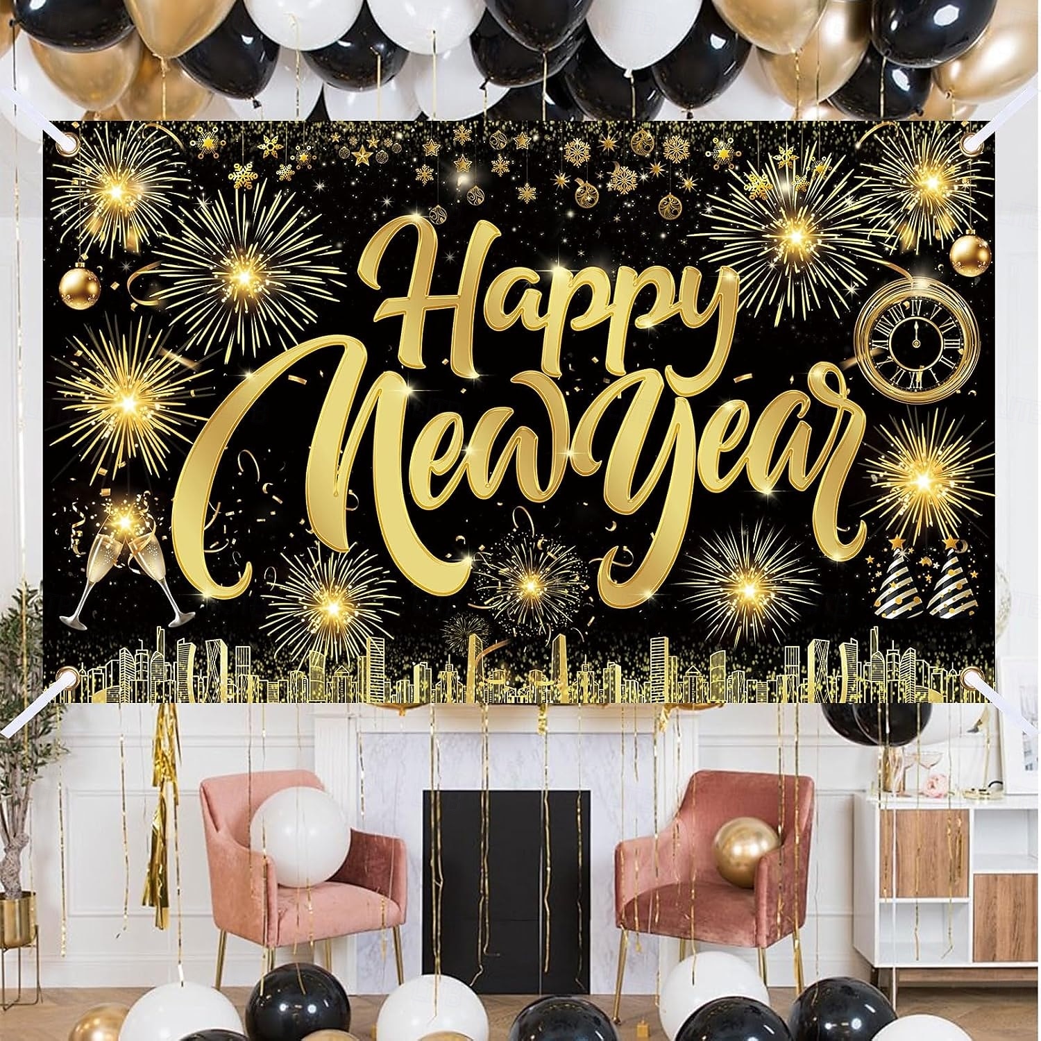 New Years Eve Party Black and Gold Decorations Sequin Backdrop – Glitter Black Gold Fabric Banner for 2026 Happy New Year Party, Photo Booth & Holiday Celebration Decor 2026 - $15.99 –P2