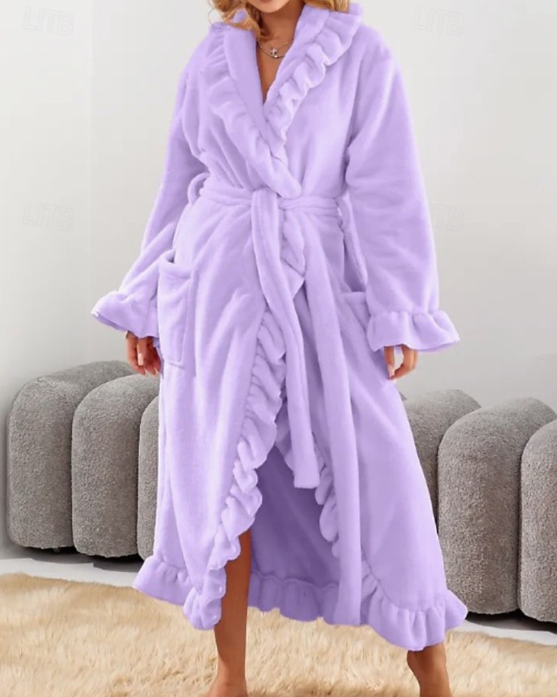 Women's Pajamas Robe Flannel Warm Fashion Pure Color Ruffle Pocket Home Daily Bed Long Sleeve Crew Neck Black White Pink Red Purple Fall Winter Regular Fit 2026 - E£3015.43 –P7