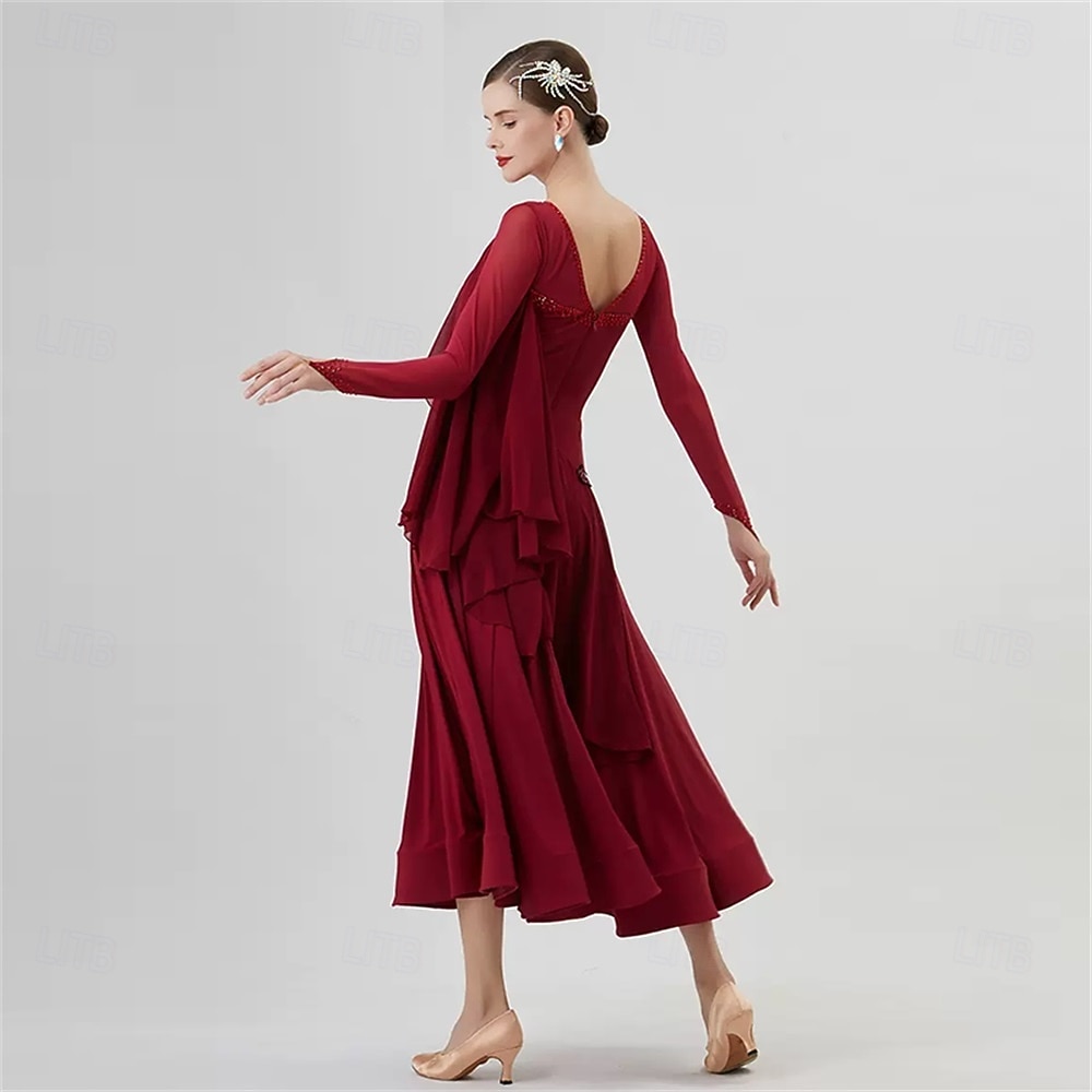 abito da ballo da sala da donna in chiffon drappeggiato, manica lunga, elegante abito da competizione per valzer, tango, foxtrot – rosso vino del 2026 a $236.09 –P2