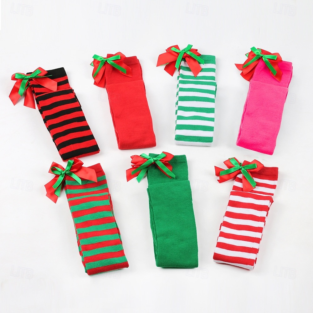 Dámské vánoční ponožky do stehen, sada 4 párů, pruhované &Jednobarevné červené sváteční punčochy s mašlemi a bambulkami, slavnostní ponožky nad kolena na zimní večírky &dárky 2026 - $18.99 –P2