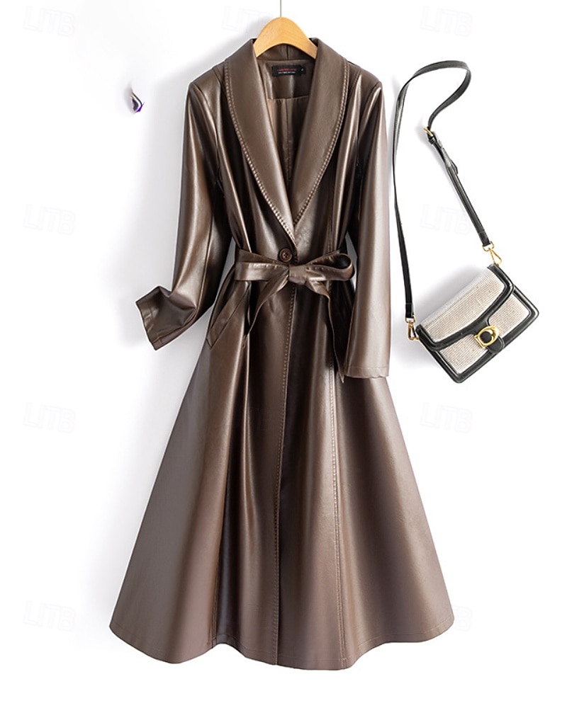 Dam Imitationsläderjacka Trenchcoat Håller värmen Bekväm knyt fram Ficka Knappar Mode Slät Semester Gata Utekväll Helgen Lång Nedvikt Normal Långärmad Ytterkläder Svart Vin Rubinrött Höst Vinter 2025 - $109.99 –P1