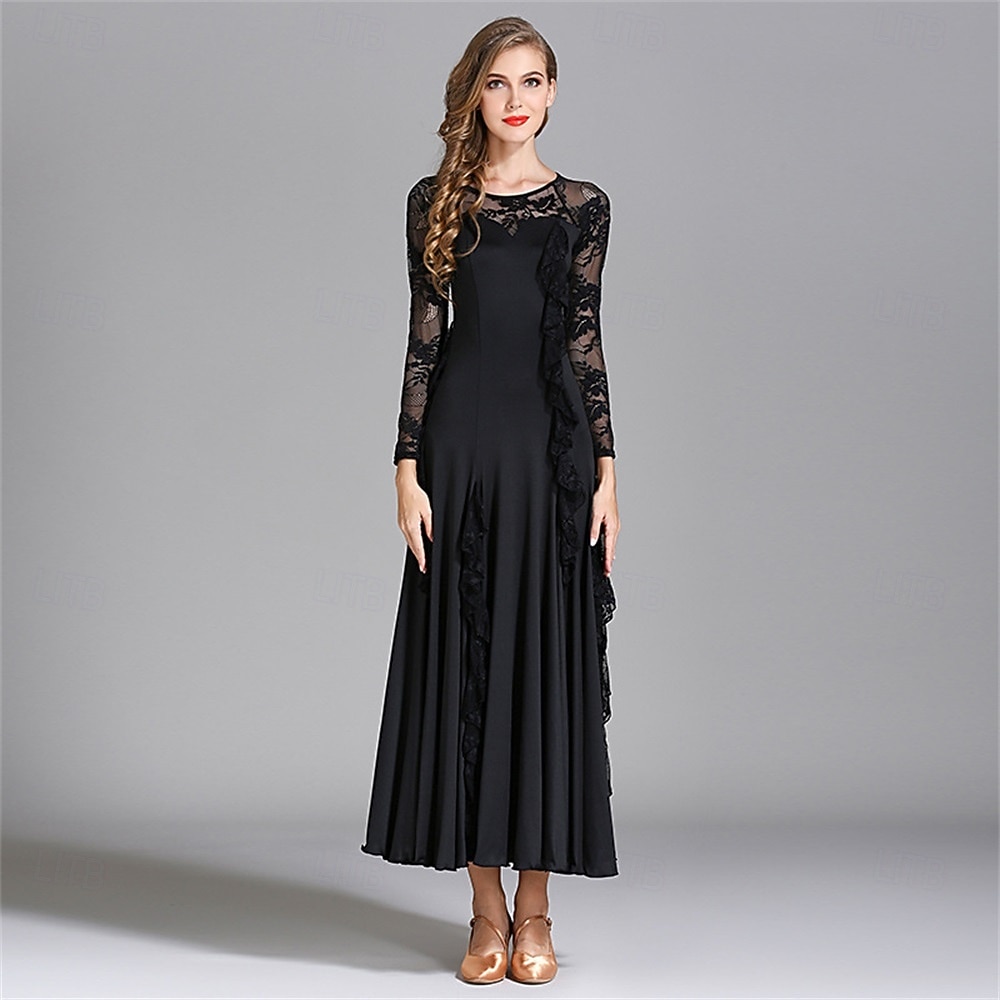 Abito da ballo da sala con dettagli in pizzo per donna - abito a trapezio a maniche lunghe con dettagli arricciati per competizioni, balli latini ed eventi di danza - azzurro del 2026 a $125.99 –P5