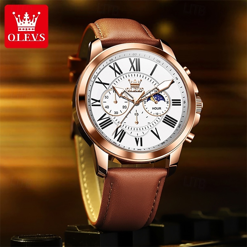 The New Olevs Brand Men'S Business Watch With Luminous Small Three Hands Moon Phase Display Multi-Functional Chronograph Three-Eye Casual Waterproof And Fashionable Quartz Watch Men'S Sports Wrist 2025 - $28.99 –P10