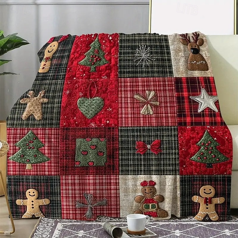 Vintage Plaid Christmas Digital Print Blanket with Gingerbread, Bow, Christmas Tree & Floral Patterns, Cozy Flannel Throw 2025 - $11.49 –P5