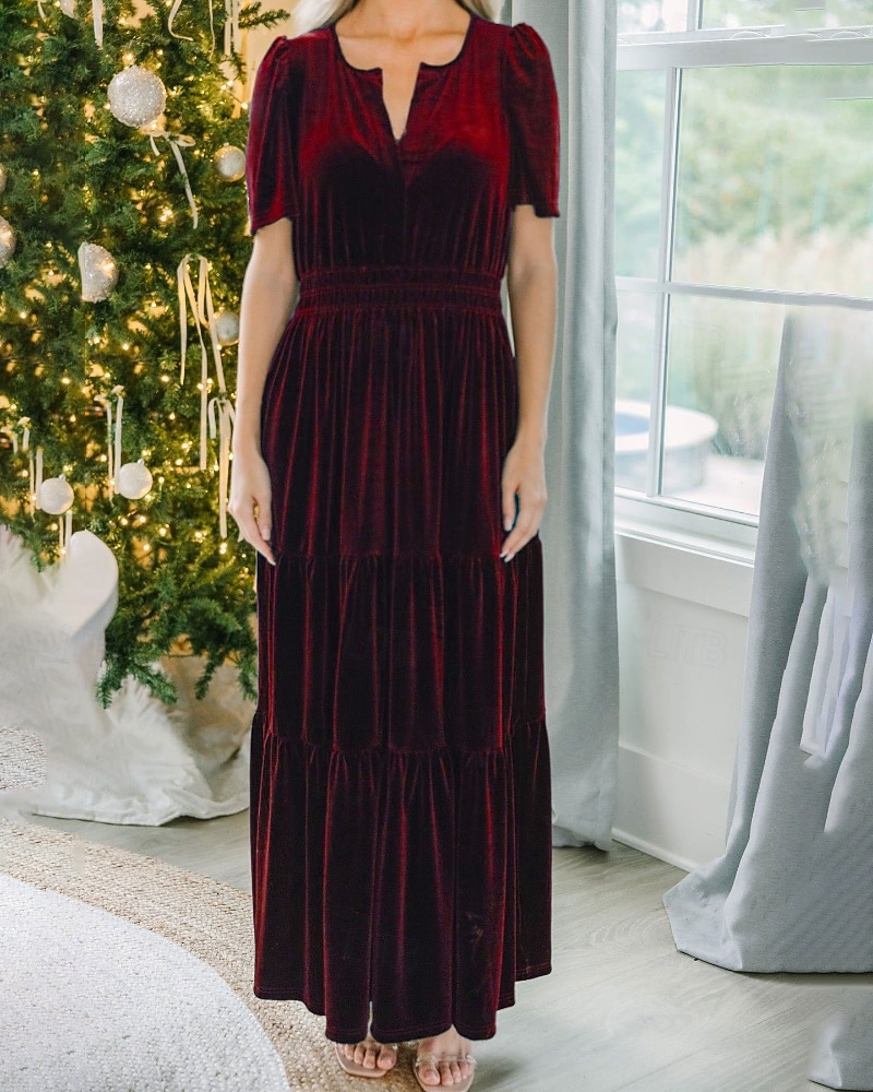 Női Midi ruha Karácsonyi ruha Bársony ruha Party ruha Koktélruha Elegáns Modern Parti Születésnap Estély Normál Sima Rövid ujjú V-alakú Bor Katonai zöld Sötétkék Sötétzöld Tavasz Ősz 2025 - $41.99 –P10