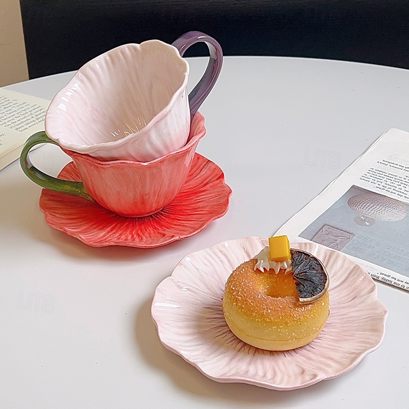 ceașcă de cafea din ceramică cu motive florale &farfurie, design creativ cu petale vintage franceze, pictate manual, sub glazură, set de ceai de după-amiază, cadou elegant pentru prieteni &familie 2026 - $21.99 –P6