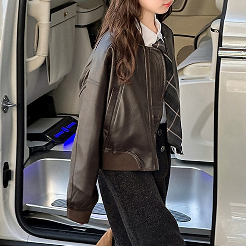 Bambini Ragazze Giacca in pelle nera Giacca di pelle Tinta unica Moda Cerniera Tasca All'aperto Cappotto Capispalla 4-12 Anni Autunno Marrone del 2025 a $48.99 –P5