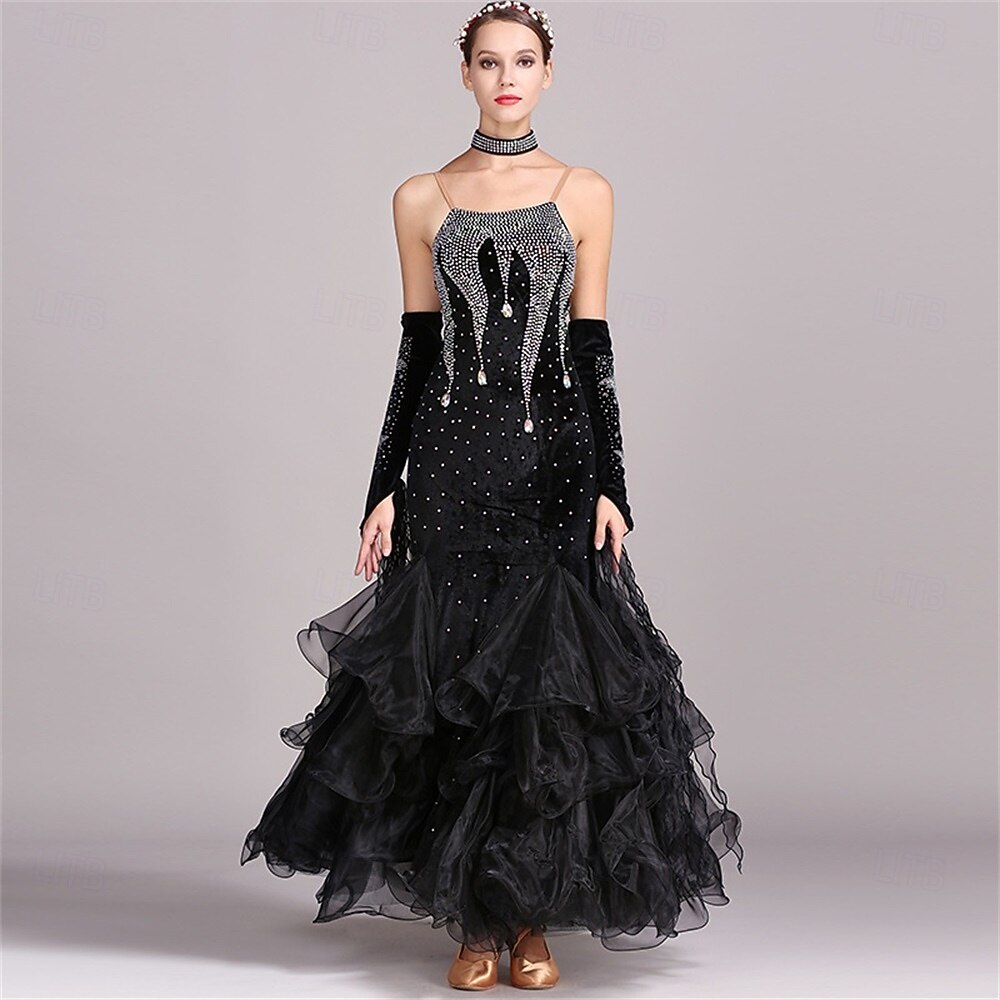 abito da ballo da sala da donna, verde smeraldo, in organza di velluto a rete con strass, a strati, per tango, valzer, foxtrot, competizione del 2026 a $225.69 –P5