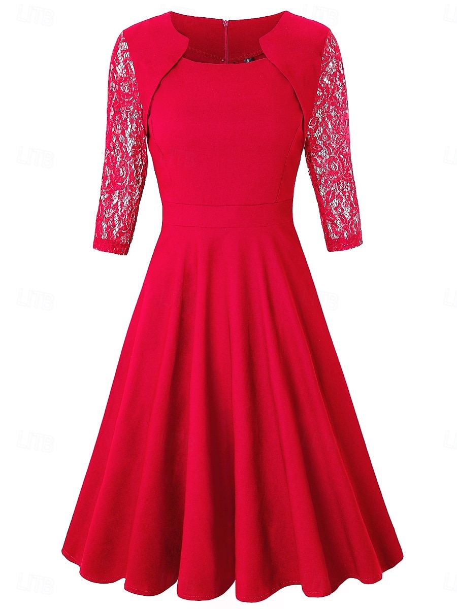 Women's Mini Dress A Line Dress Elegant Party Cocktail Outdoor Party Wedding Lace Patchwork Regular Fit Solid Color 3/4 Length Sleeve Square Neck Pink Wine Red 2026 - BHD 17.02 –P9
