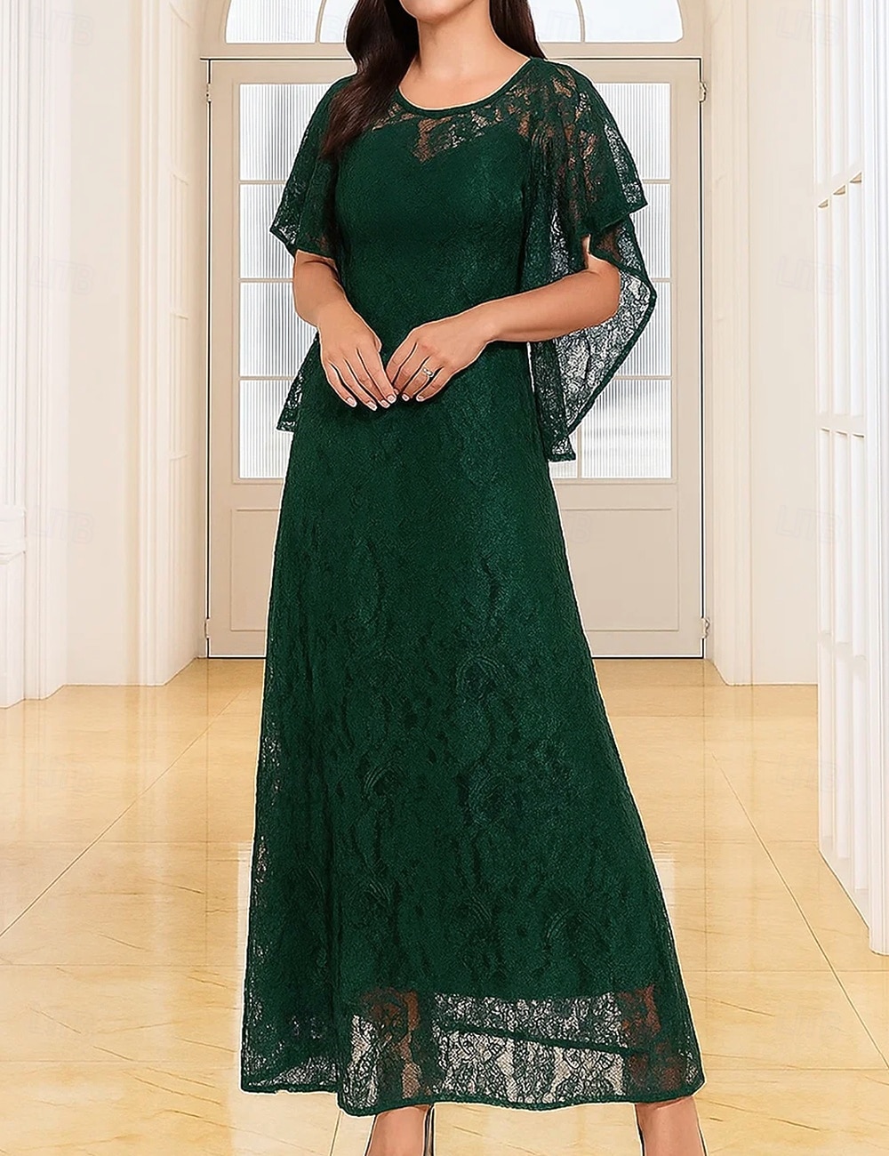 Ligne A Longueur au sol Robe de Cérémonie Robe de soirée Manche Courte Col ras du cou Élégant ancien Fête Dentelle Polyester Robe de Mère de Mariée  avec Dentelle de 2025 ? $74.99 –P3