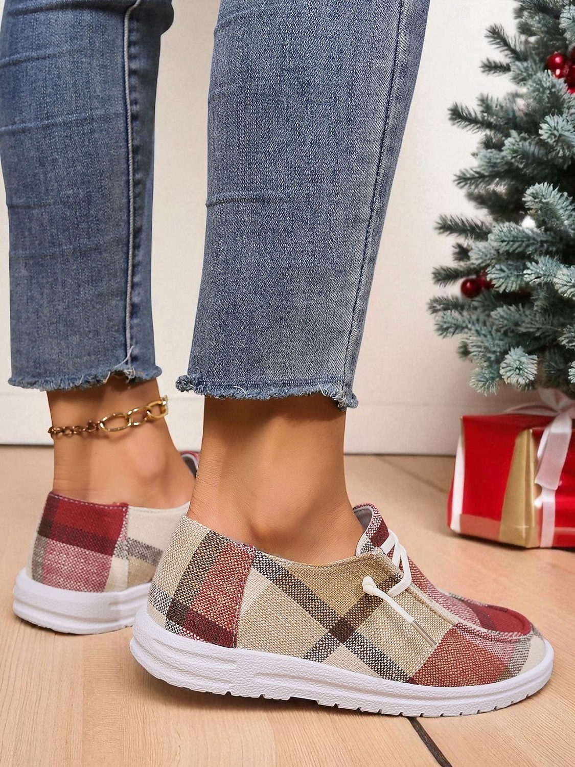 Zapatos sin cordones a cuadros para mujer: zapatos casuales y acogedores para Navidad, reuniones de invierno y relajación festiva. 2026 - $24.99 –P4