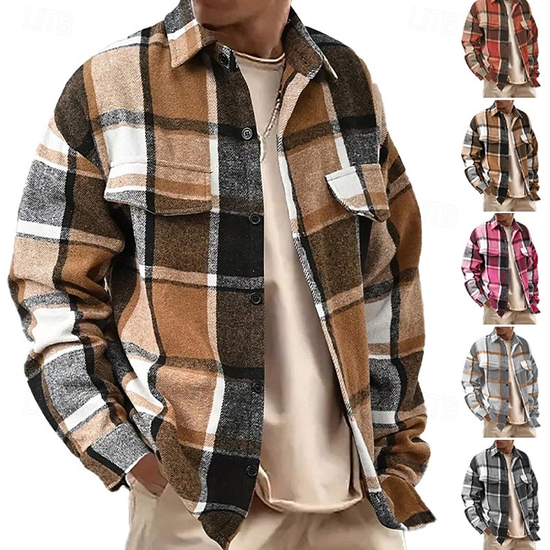 Férfi Ing Flannel ing Gombos póló Overshirt Sárga Arcpír rózsaszín Narancssárga Világos szürke Sötétszürke Hosszú ujj Kockás Térfogatcsökkenés Hétköznapi Napi Ruházat Meleg Divat 2026 - $26.99 –P1