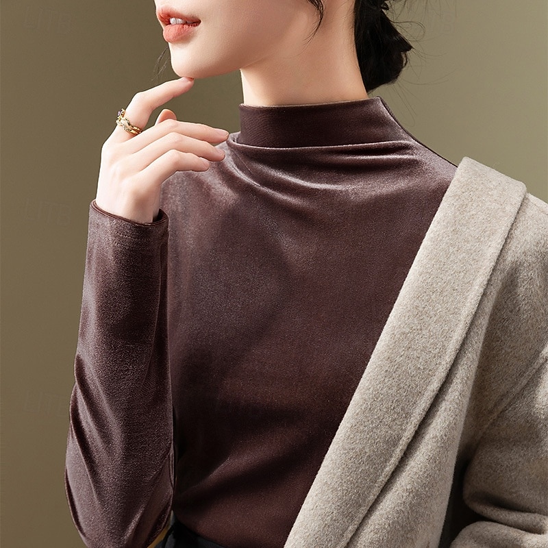 Damen Samt Elegant Bluse Einfarbig Einfach Elegant Täglich Stilvoll Langarm Stehkragen Normale Oberteile Täglich Ferien Ausgehen Schwarz Wein Purpur Braun Herbst Winter 2026 - $25.99 –P3