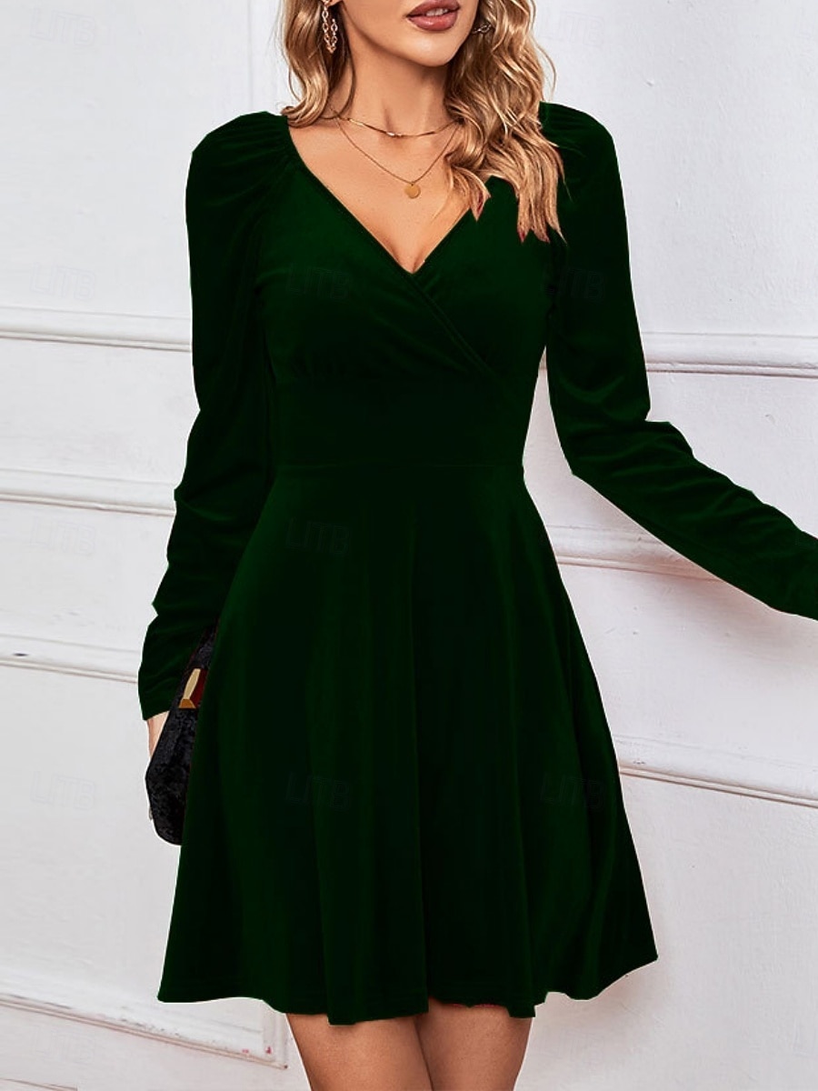 Świąteczna sukienka mini z weluru dla kobiet sukienka w kształcie litery A elegancka na przyjęcia koktajlowa na świeżym powietrzu regularne dopasowanie jednolity kolor długi rękaw dekolt w serek 2025 - $57.99 –P20