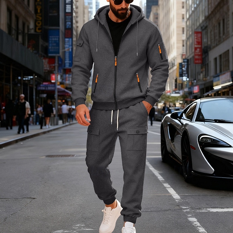 Men's Tracksuit Outfit Set Hoodies Set Hoodie Outdoor Daily Sports Drawstring Zip Up Pocket Plain Black Navy Blue Brown Polyester Activewear Fashion Streetwear Fall 2026 - $56.99 –P14