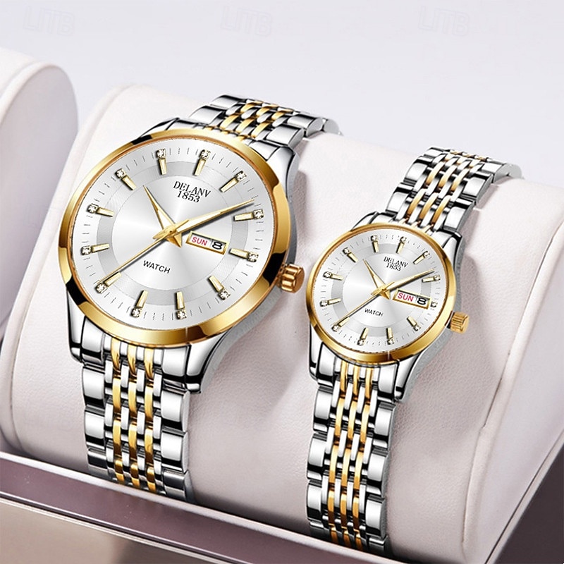 Două ceasuri noi și la modă cu cuarț pentru cupluri - carcasă din oțel inoxidabil, rezistență la apă IPX7, calendar dublu luminescent, dată și afișaj duminică/luni, curea din aliaj - cadou ideal 2025 - $24.99 –P7