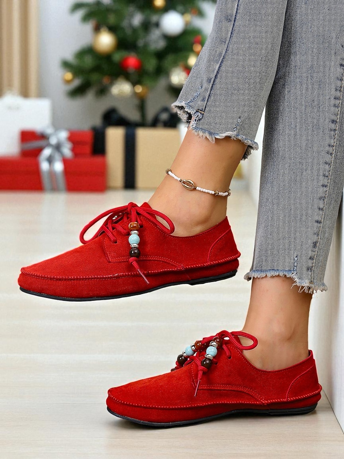 Rote Mokassin-Loafer für Damen mit Perlenschnürsenkeln – gemütliche Urlaubs-Slipper für Damen – ideal für Weihnachten, Winterkomfort und entspannte Tage 2026 - $24.99 –P4