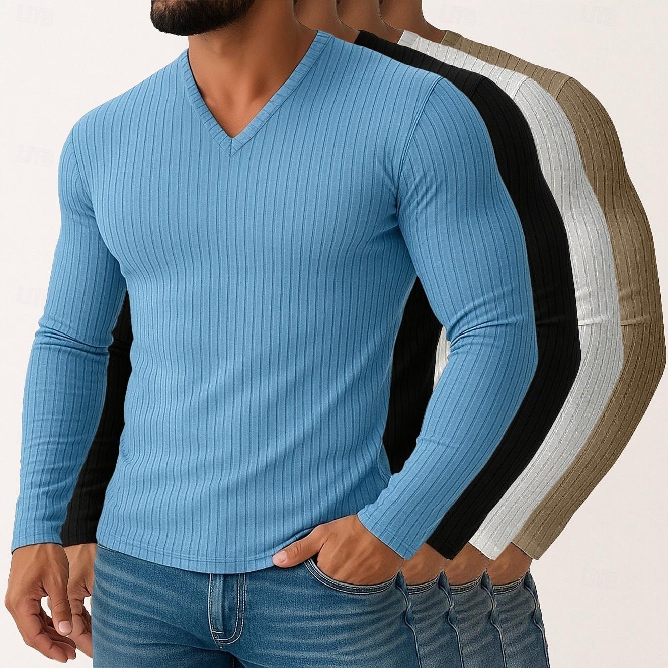 Miesten T-paita Ribbineulos T-paita Pitkähihainen paita Pitkähihainen V kaula-aukko Kevät Syksy Talvi Tavallinen Pit Strip Muoti Suunnittelija Perus 4-osainen Monipakkaus Loma Katu Kausaliteetti 8 2025 - $61.99 –P3