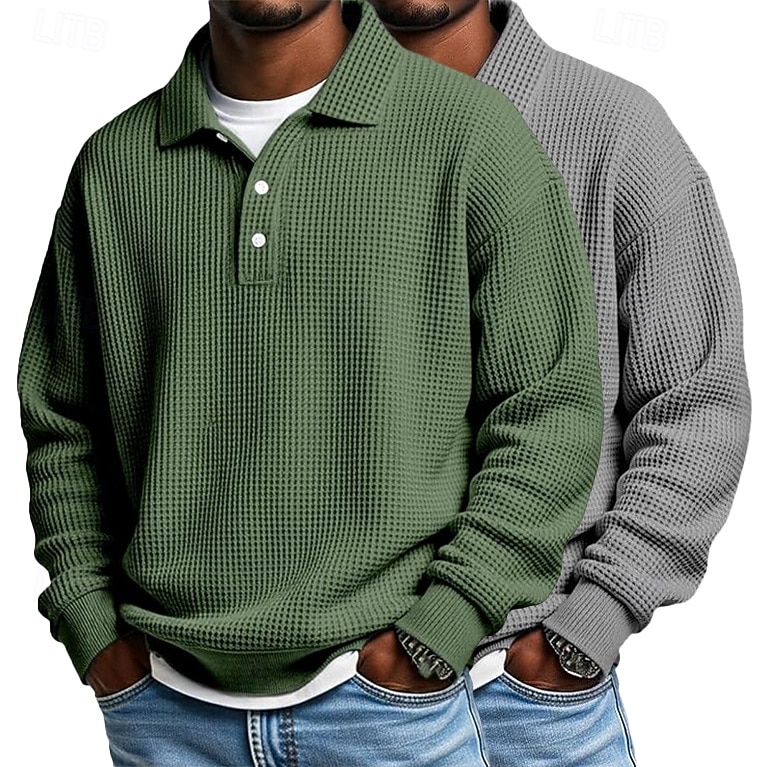 2 stuks heren wafel poloshirts golf shirt formeel zakelijk klassiek lange mouwen mode effen kleur 2 stuks multi-pack herfst lente &herfst regular fit wit paars blauw wafel poloshirts 2025 - $40.99 –P9